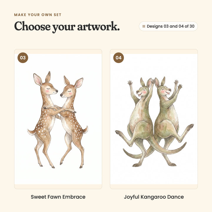 Designs 03 and 04 of 30: Sweet Fawn Embrace, two spotted fawns in a hug, and Joyful Kangaroo Dance, two kangaroos jumping with their arms up