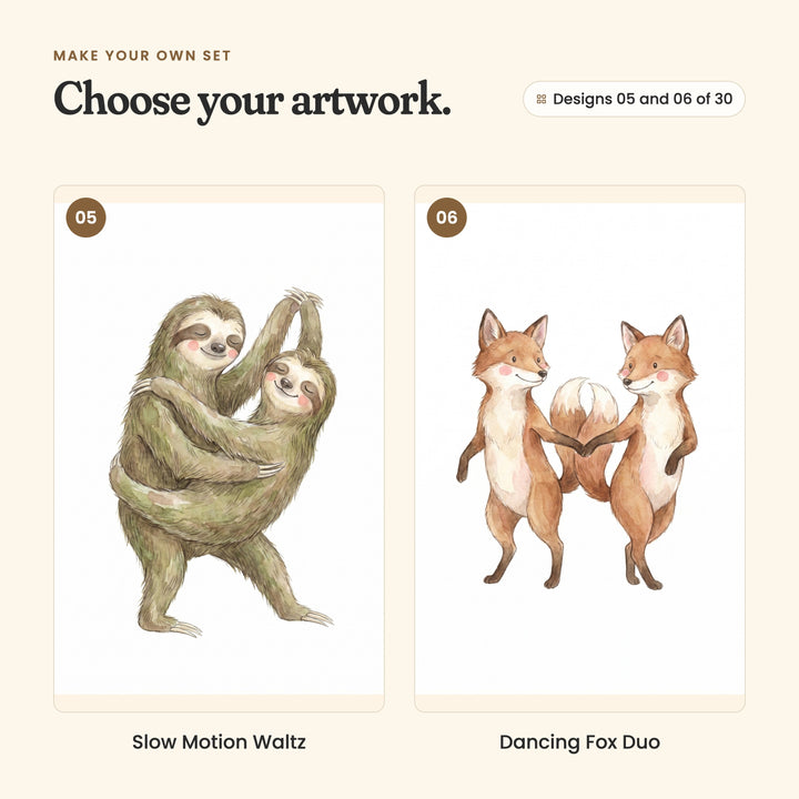 Designs 05 and 06 of 30: Slow Motion Waltz, two sloths in a slow dance, and Dancing Fox Duo, two foxes dancing paw in paw