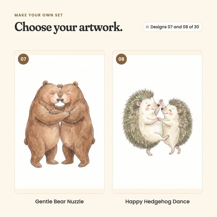 Designs 07 and 08 of 30: Gentle Bear Nuzzle, two brown bears in a cuddle, and Happy Hedgehog Dance, two hedgehogs dancing nose to nose