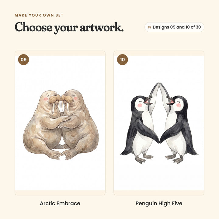 Designs 09 and 10 of 30: Arctic Embrace, two walruses in a hug, and Penguin High Five, two penguins in a flipper high five
