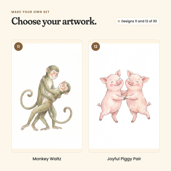 Designs 11 and 12 of 30: Monkey Waltz, two monkeys in a waltz, and Joyful Piggy Pair, two pink pigs dancing hand in hand