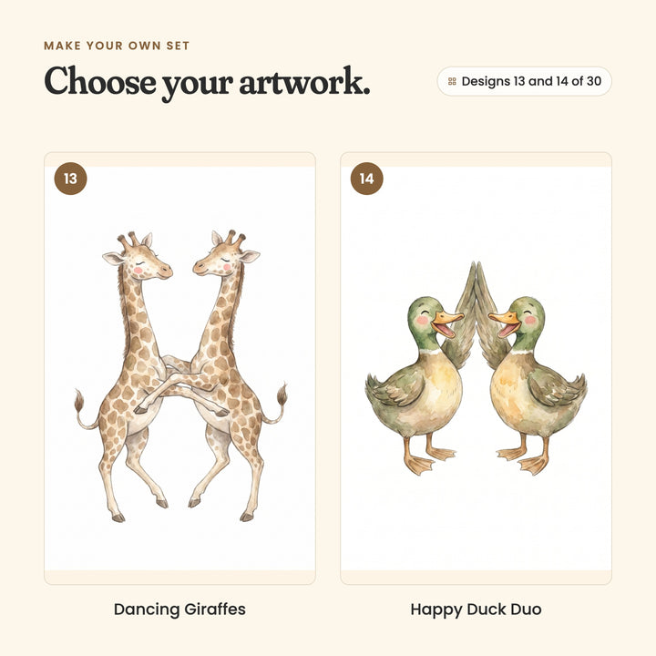 Designs 13 and 14 of 30: Dancing Giraffes, two giraffes dancing side by side, and Happy Duck Duo, two ducks in a wing high five