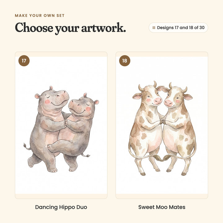 Designs 17 and 18 of 30: Dancing Hippo Duo, two hippos dancing cheek to cheek, and Sweet Moo Mates, two spotted cows dancing nose to nose
