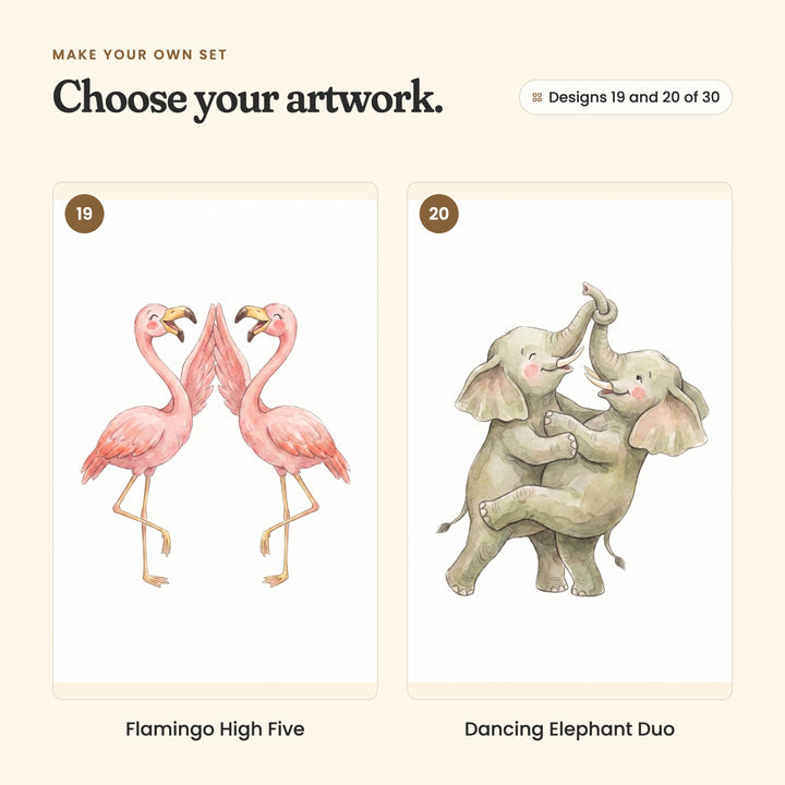 Designs 19 and 20 of 30: Flamingo High Five, two pink flamingos in a wing high five, and Dancing Elephant Duo, two elephants dancing with trunks raised