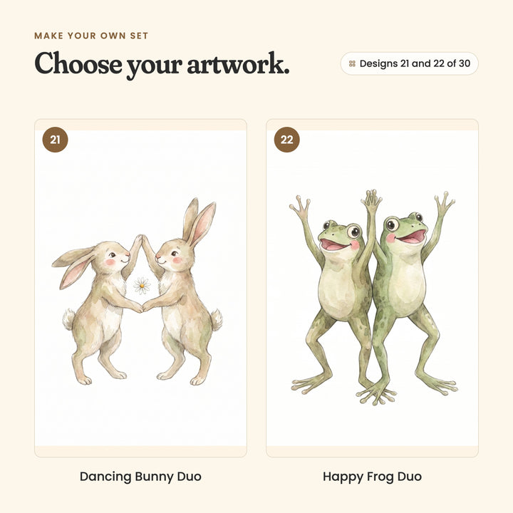 Designs 21 and 22 of 30: Dancing Bunny Duo, two bunnies dancing with a little daisy between them, and Happy Frog Duo, two green frogs jumping with their arms up