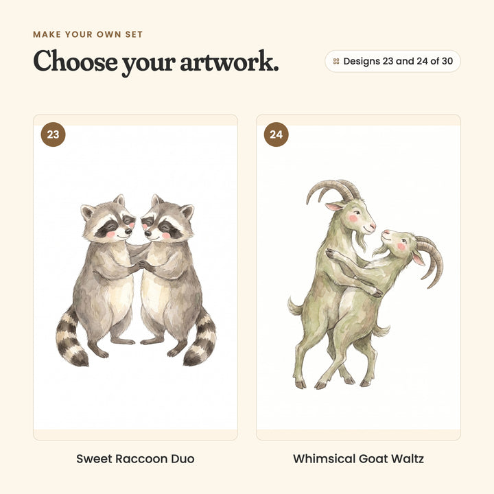 Designs 23 and 24 of 30: Sweet Raccoon Duo, two raccoons dancing paw in paw, and Whimsical Goat Waltz, two goats in a waltz