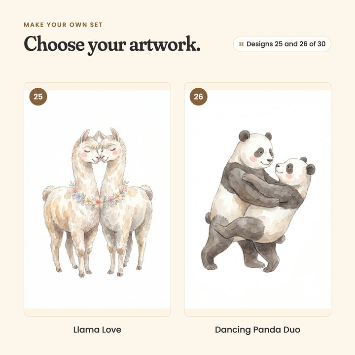 Designs 25 and 26 of 30: Llama Love, two llamas standing cheek to cheek with flower garlands, and Dancing Panda Duo, two pandas in a dancing hug