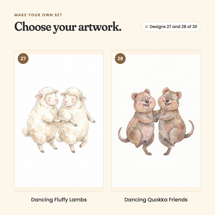 Designs 27 and 28 of 30: Dancing Fluffy Lambs, two fluffy lambs dancing side by side, and Dancing Quokka Friends, two quokkas dancing hand in hand