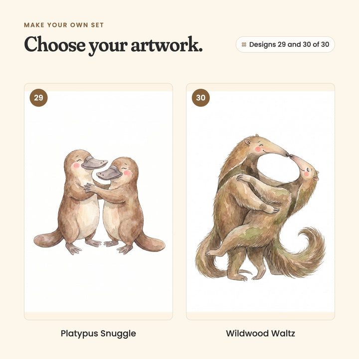 Designs 29 and 30 of 30: Platypus Snuggle, two platypuses in a cuddle, and Wildwood Waltz, two anteaters wrapped in a twirling hug