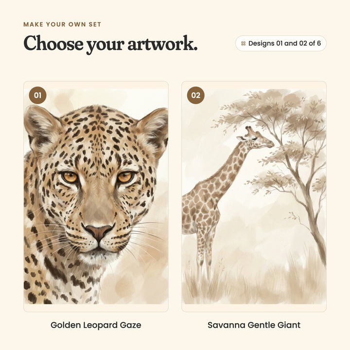 Designs 01 and 02 of 6: Golden Leopard Gaze, a leopard's face looking straight out, and Savanna Gentle Giant, a giraffe eating from an acacia tree