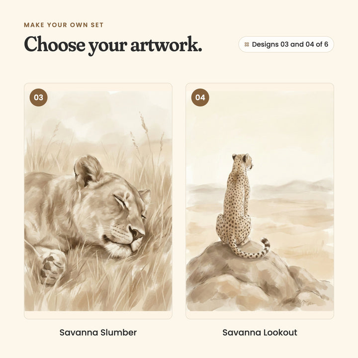Designs 03 and 04 of 6: Savanna Slumber, a lioness asleep in the grass, and Savanna Lookout, a cheetah sitting on a rock looking out