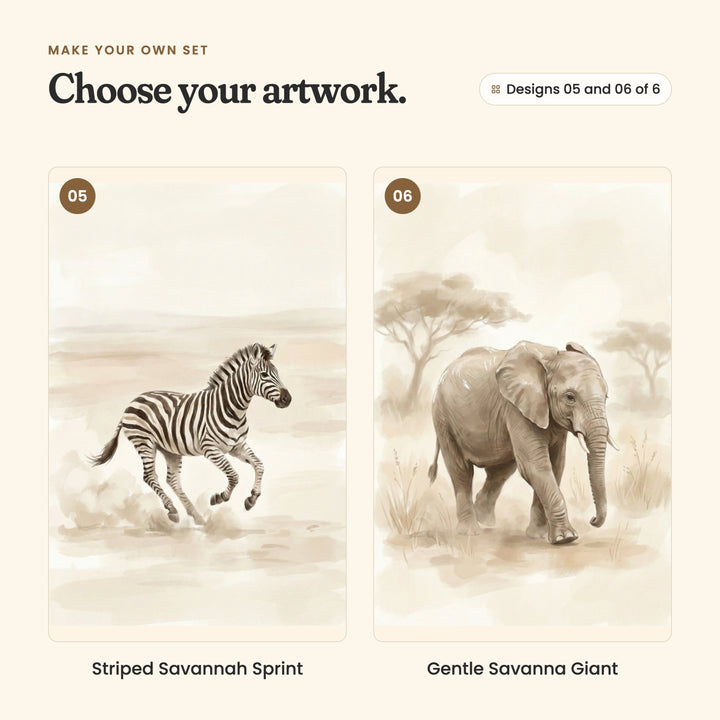 Designs 05 and 06 of 6: Striped Savannah Sprint, a zebra running, and Gentle Savanna Giant, a young elephant walking under acacia trees