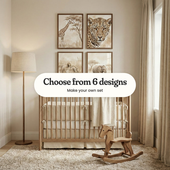 Nursery with four safari animal prints in dark wood frames above a wooden crib, between a floor lamp and linen curtains, beside a wooden rocking horse: a giraffe eating from an acacia, a leopard face, a sleeping lioness and a young elephant, with a label reading Choose from 6 designs, Make your own set