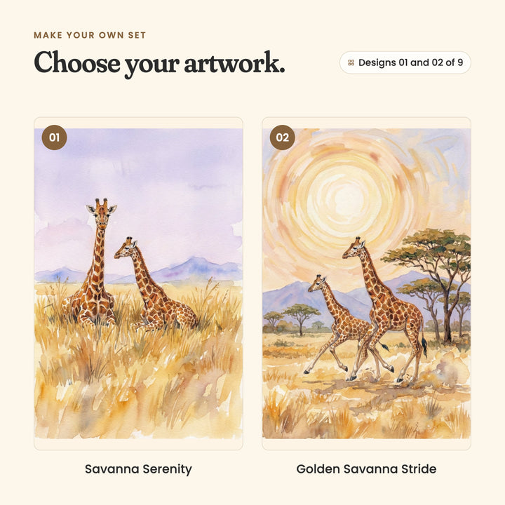Designs 01 and 02 of 9: Savanna Serenity, two giraffes resting in tall golden grass under a lilac sky, and Golden Savanna Stride, two giraffes running past acacia trees under a swirling sun