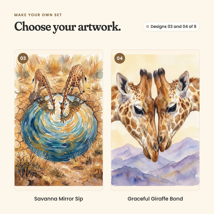 Designs 03 and 04 of 9: Savanna Mirror Sip, two giraffes bending to drink from a round blue water hole, seen from above, and Graceful Giraffe Bond, a close view of two giraffe faces touching above lilac hills