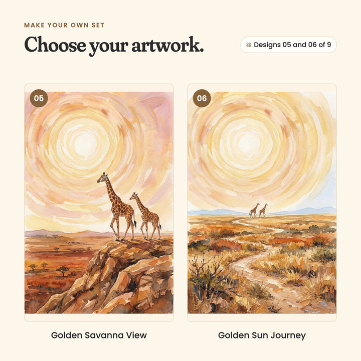 Designs 05 and 06 of 9: Golden Savanna View, two giraffes on a rocky ledge above red plains, and Golden Sun Journey, two tiny giraffes far down a winding path under a huge sun
