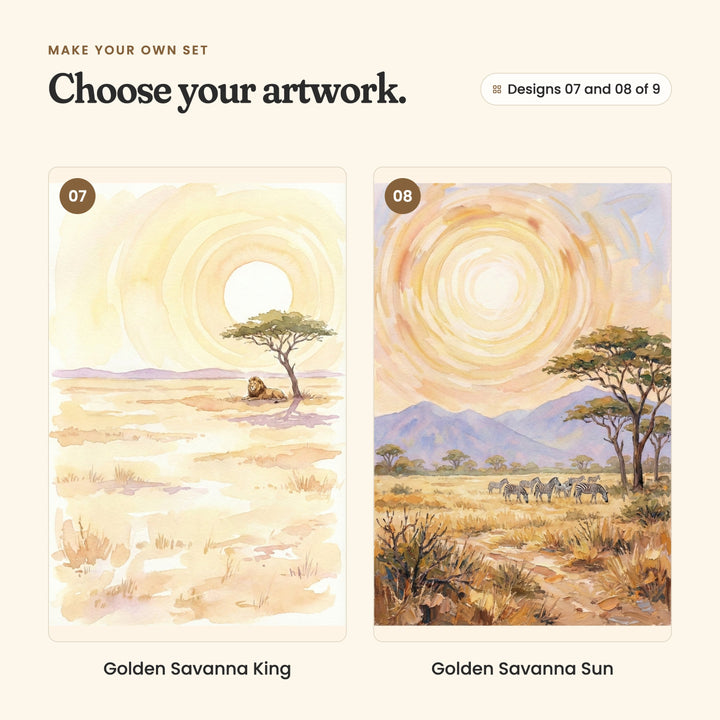 Designs 07 and 08 of 9: Golden Savanna King, a lion resting under a lone acacia tree on pale sand, and Golden Savanna Sun, a herd of zebras grazing beneath acacia trees and lilac hills
