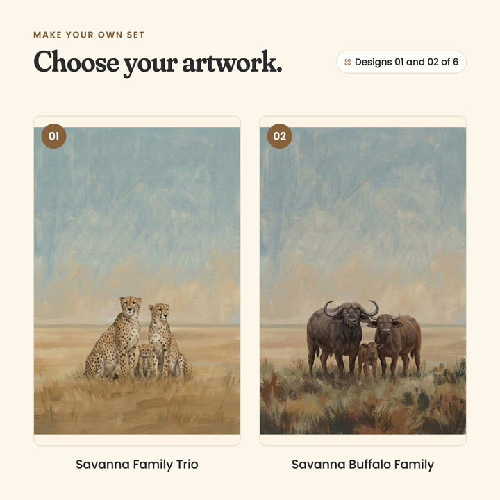Designs 01 and 02 of 6: Savanna Family Trio, two cheetahs and a cub sitting in golden grass, and Savanna Buffalo Family, two buffalo and a calf in tall rusty grass