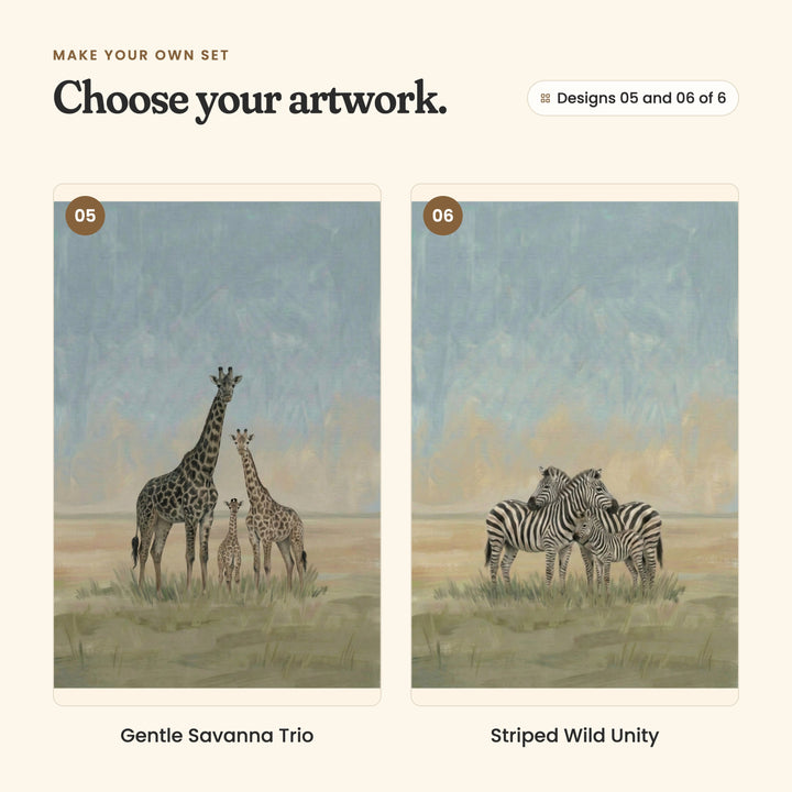Designs 05 and 06 of 6: Gentle Savanna Trio, two giraffes and a calf on the open plain, and Striped Wild Unity, two zebras and a foal standing close together