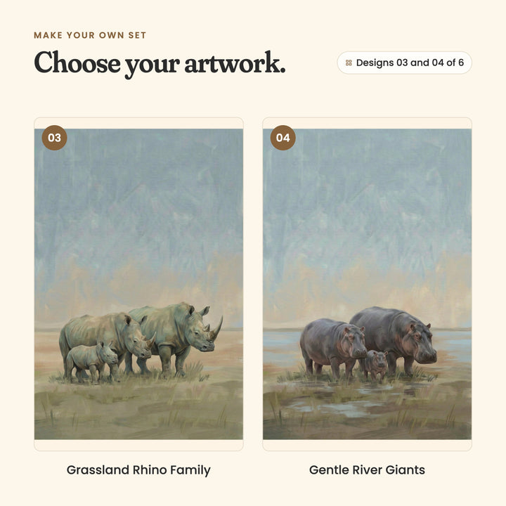 Designs 03 and 04 of 6: Grassland Rhino Family, two rhinos and a calf on green grassland, and Gentle River Giants, two hippos and a calf by shallow water
