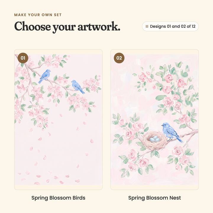 Designs 01 and 02 of 12: Spring Blossom Birds, two bluebirds on a pink blossom branch with falling petals, and Spring Blossom Nest, a bluebird beside a nest of blue eggs among pink roses