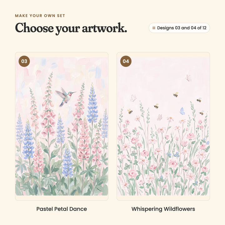 Designs 03 and 04 of 12: Pastel Petal Dance, a hummingbird among pink foxgloves and blue lupines, and Whispering Wildflowers, bees and butterflies over pink wildflowers