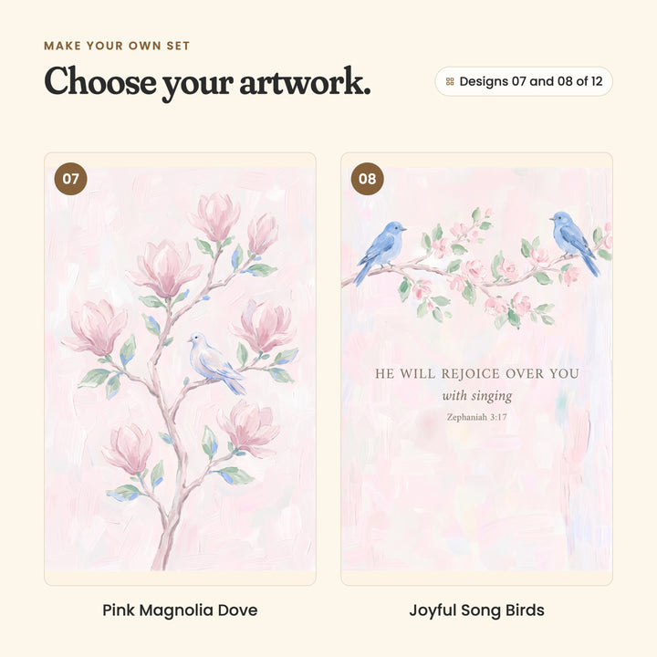 Designs 07 and 08 of 12: Pink Magnolia Dove, a pale dove on a pink magnolia branch, and Joyful Song Birds, two bluebirds on a blossom branch above the verse He will rejoice over you with singing, Zephaniah 3:17