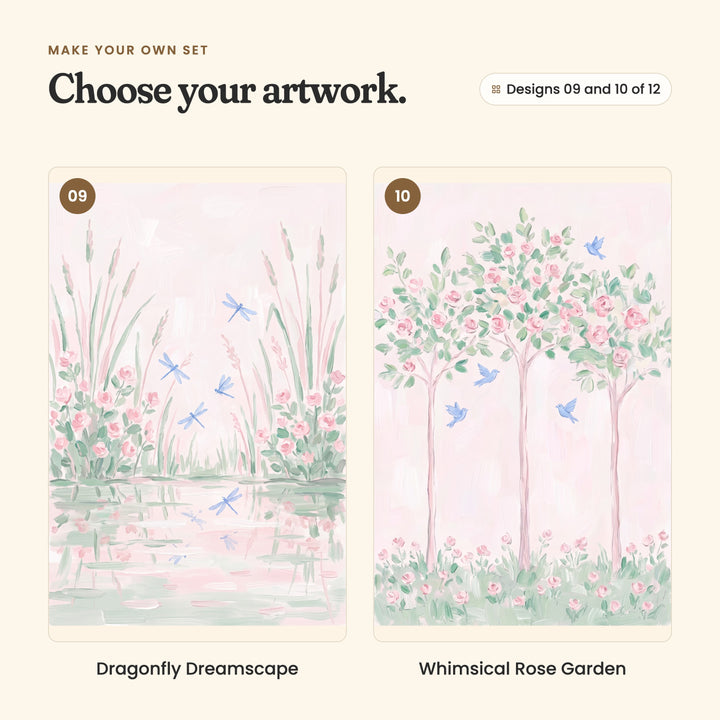 Designs 09 and 10 of 12: Dragonfly Dreamscape, blue dragonflies over a still pond with reeds and pink roses, and Whimsical Rose Garden, three pink rose trees with bluebirds flying between them