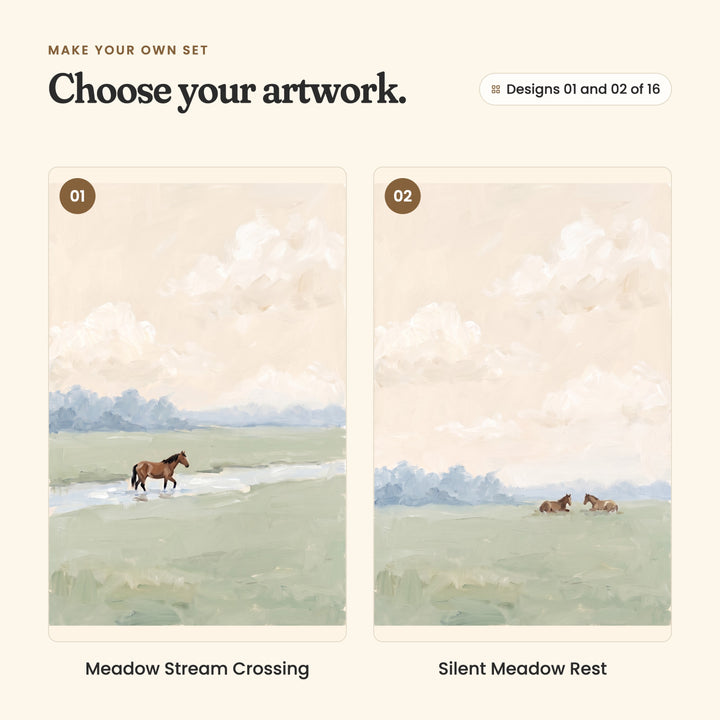 Designs 01 and 02 of 16: Meadow Stream Crossing, a brown horse wading across a stream, and Silent Meadow Rest, two horses lying down to rest in the grass