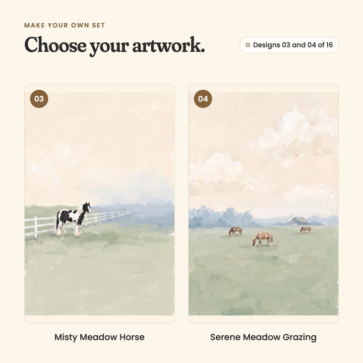 Designs 03 and 04 of 16: Misty Meadow Horse, a black and white horse beside a white fence in the mist, and Serene Meadow Grazing, three horses grazing with a barn far off