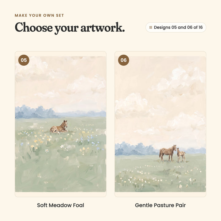 Designs 05 and 06 of 16: Soft Meadow Foal, a foal lying among yellow and blue wildflowers, and Gentle Pasture Pair, a mare and foal standing among white wildflowers