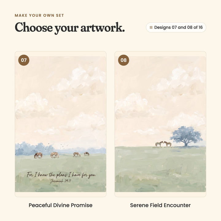 Designs 07 and 08 of 16: Peaceful Divine Promise, four horses grazing above the verse For I know the plans I have for you, Jeremiah 29:11, and Serene Field Encounter, two horses nose to nose beside a blue tree