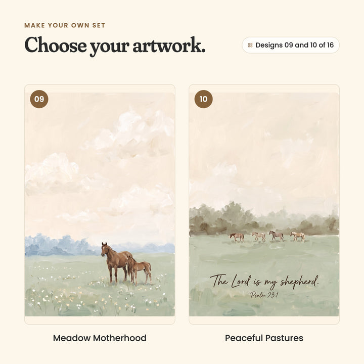 Designs 09 and 10 of 16: Meadow Motherhood, a brown mare and foal among wildflowers, and Peaceful Pastures, four horses grazing before a line of trees above the verse The Lord is my shepherd, Psalm 23:1