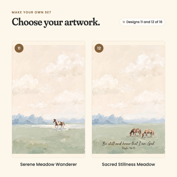Designs 11 and 12 of 16: Serene Meadow Wanderer, a brown and white horse wading through shallow water, and Sacred Stillness Meadow, two horses grazing above the verse Be still and know that I am God, Psalm 46:10