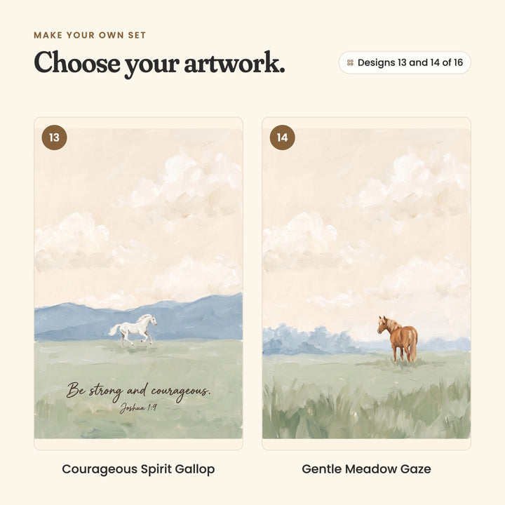 Designs 13 and 14 of 16: Courageous Spirit Gallop, a white horse galloping below blue hills above the verse Be strong and courageous, Joshua 1:9, and Gentle Meadow Gaze, a chestnut horse standing in tall grass