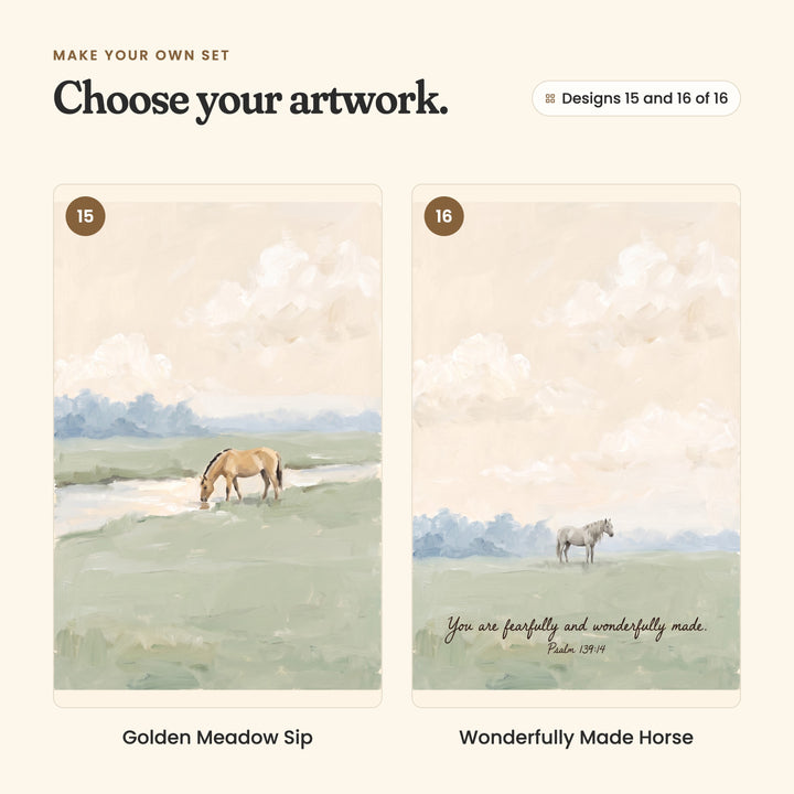 Designs 15 and 16 of 16: Golden Meadow Sip, a golden horse drinking from a stream, and Wonderfully Made Horse, a grey horse standing in the meadow above the verse You are fearfully and wonderfully made, Psalm 139:14