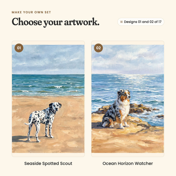 Designs 01 and 02 of 17: Seaside Spotted Scout, a Dalmatian standing on the sand by the sea, and Ocean Horizon Watcher, a blue merle Australian shepherd sitting on the rocks above the waves