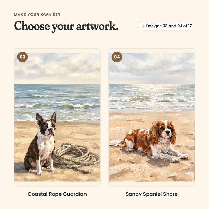 Designs 03 and 04 of 17: Coastal Rope Guardian, a Boston terrier beside a coil of rope on the sand, and Sandy Spaniel Shore, a Cavalier King Charles spaniel lying on the beach