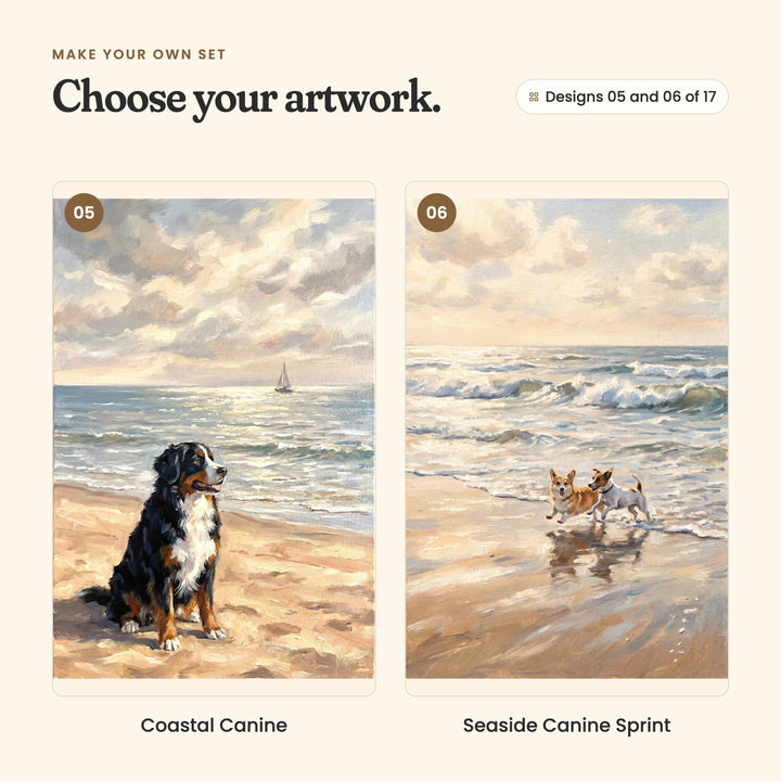 Designs 05 and 06 of 17: Coastal Canine, a Bernese mountain dog on the shore with a sailboat far out at sea, and Seaside Canine Sprint, a corgi and a Jack Russell terrier running at the water's edge