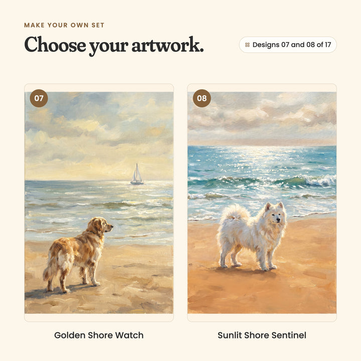 Designs 07 and 08 of 17: Golden Shore Watch, a golden retriever watching a sailboat from the sand, and Sunlit Shore Sentinel, a white Samoyed beside a sparkling sea