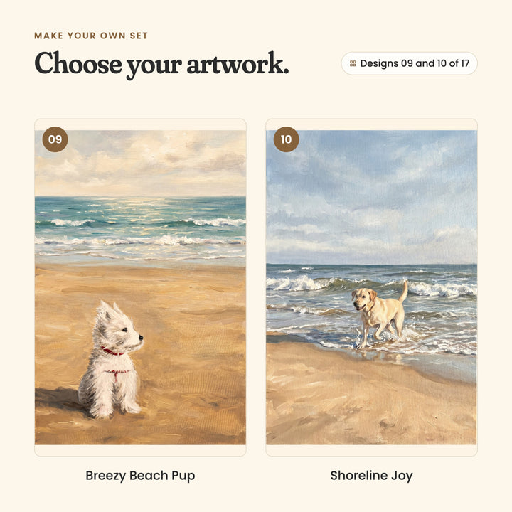 Designs 09 and 10 of 17: Breezy Beach Pup, a West Highland white terrier in a red collar on the beach, and Shoreline Joy, a yellow Labrador trotting out of the surf
