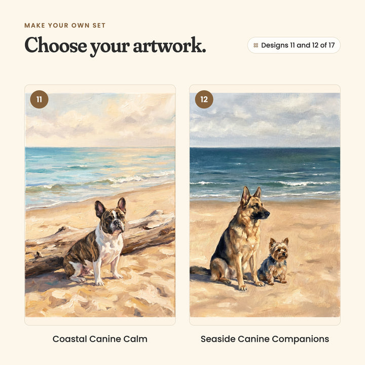 Designs 11 and 12 of 17: Coastal Canine Calm, a brindle French bulldog beside a driftwood log, and Seaside Canine Companions, a German shepherd and a Yorkshire terrier side by side on the shore