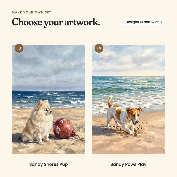 Designs 13 and 14 of 17: Sandy Shores Pup, a cream Pomeranian beside a red buoy, and Sandy Paws Play, a Jack Russell terrier digging in the sand