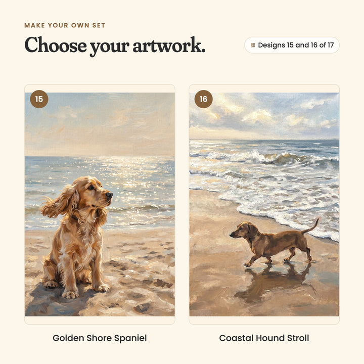 Designs 15 and 16 of 17: Golden Shore Spaniel, a golden cocker spaniel with its ears in the breeze, and Coastal Hound Stroll, a dachshund walking along the wet sand