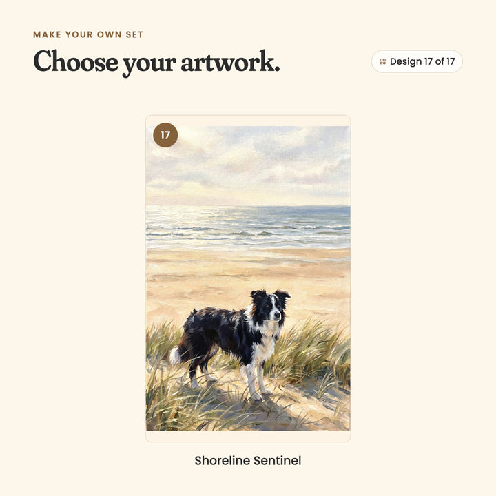 Design 17 of 17: Shoreline Sentinel, a border collie standing in the dune grass above the beach
