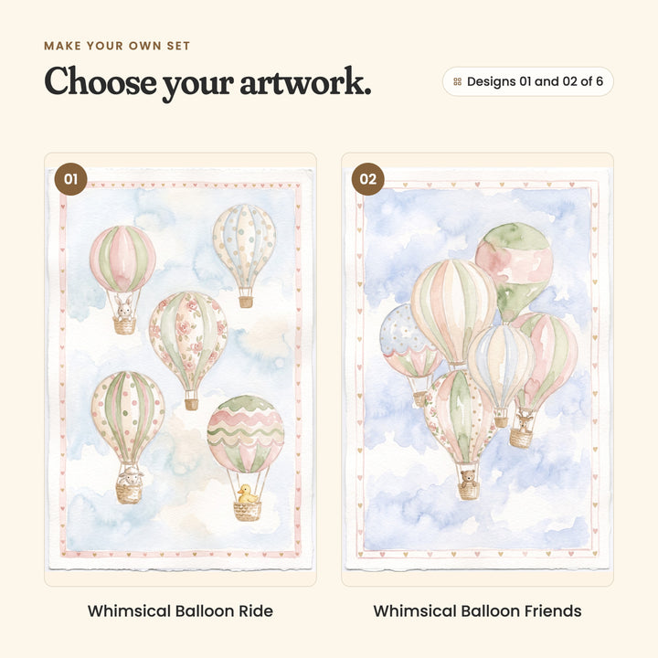 Designs 01 and 02 of 6: Whimsical Balloon Ride, five striped, dotted and rose-patterned balloons carrying a bunny, a lamb and a yellow duckling, and Whimsical Balloon Friends, a cluster of six balloons carrying a teddy bear and a fawn