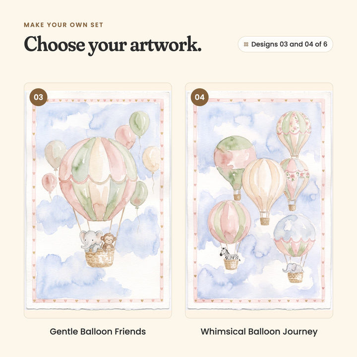 Designs 03 and 04 of 6: Gentle Balloon Friends, one big striped balloon carrying an elephant and a monkey among party balloons, and Whimsical Balloon Journey, six balloons drifting through the clouds with a zebra and an elephant