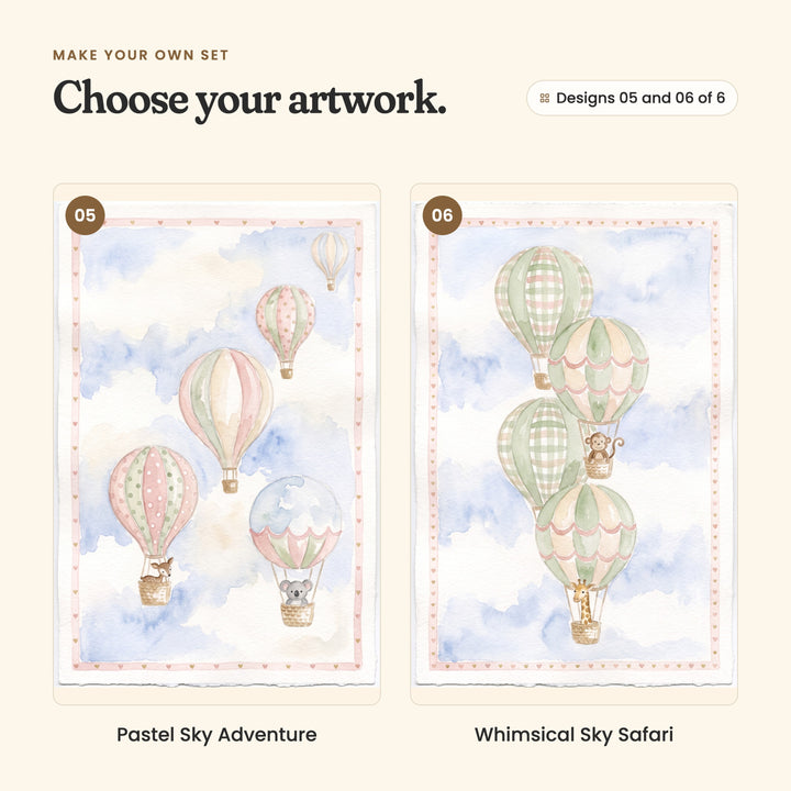 Designs 05 and 06 of 6: Pastel Sky Adventure, five balloons carrying a fawn and a koala, and Whimsical Sky Safari, four stacked balloons, two in gingham, carrying a monkey and a giraffe