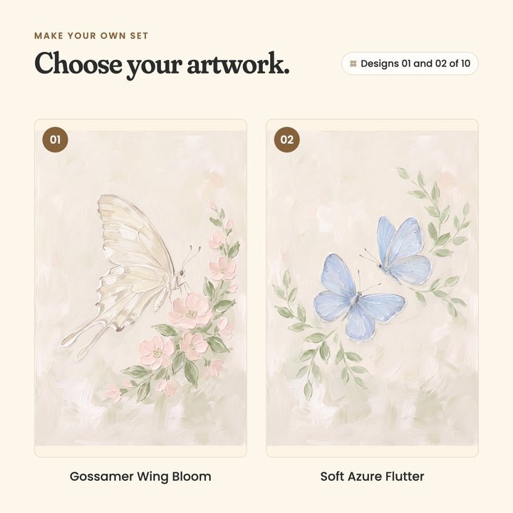 Designs 01 and 02 of 10: Gossamer Wing Bloom, a cream swallowtail butterfly beside a spray of blush blossoms, and Soft Azure Flutter, two powder blue butterflies between sprigs of sage leaves