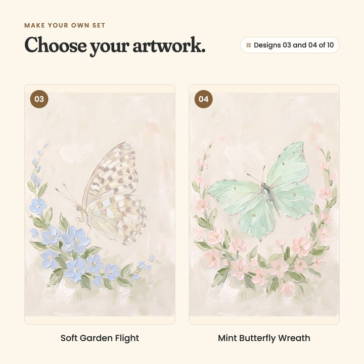 Designs 03 and 04 of 10: Soft Garden Flight, a cream and taupe spotted butterfly beside powder blue blossoms, and Mint Butterfly Wreath, a mint green butterfly in a wreath of blush blossoms